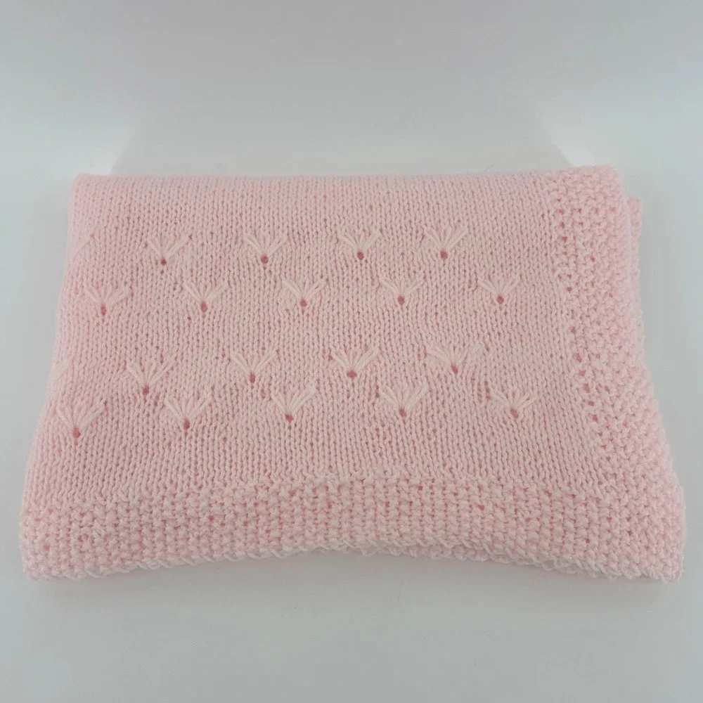 Handmade Hand Knit Pink Hearts Pointelle Chevron Baby Blanket Afghan Crib Throw